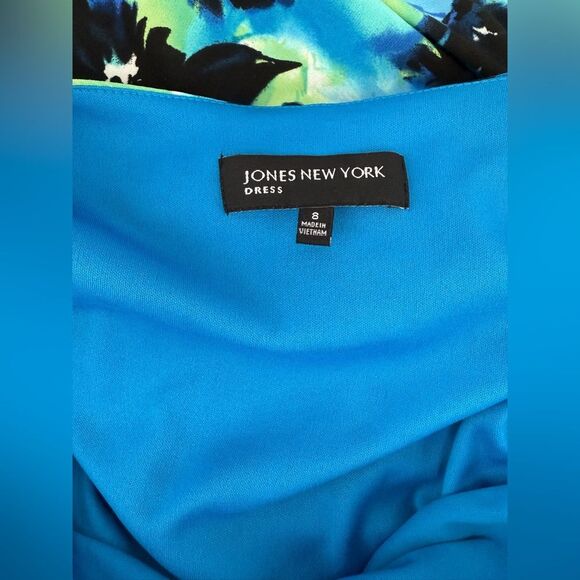 Jones New York Abstract Cap Sleeve V Neck‎ Empire Waist Dress Blue Green Size 8 - Picture 3 of 9